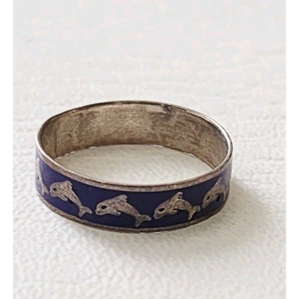925 Sterling Silver Vintage Enameled Dolphins Band Ring Sz 9
